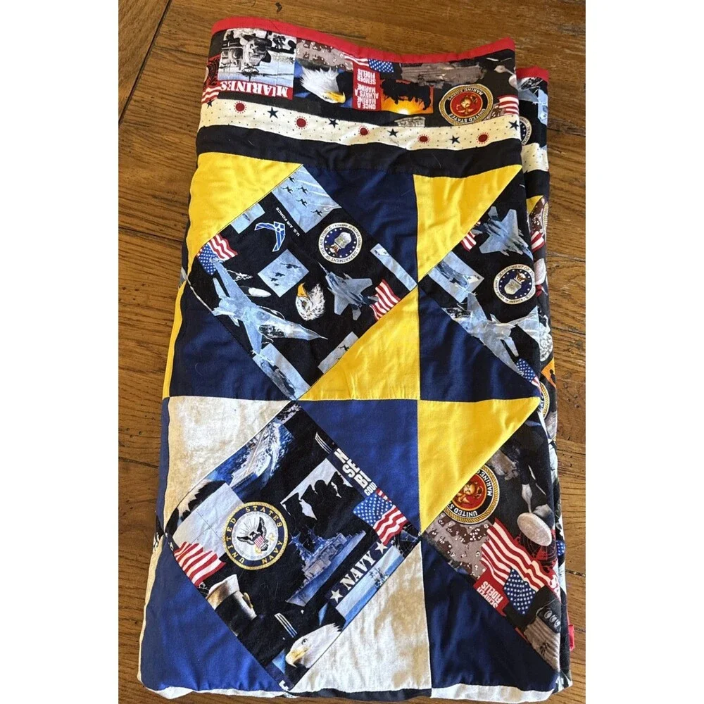 Vintage Handmade Patchwork Military Appreciation Quilt Lap/Baby Blanket  42”X48”
